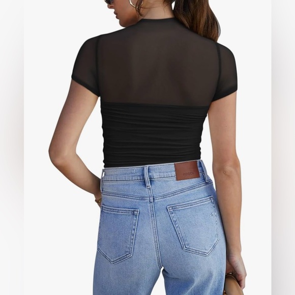 REORIA Women's Sexy Mock Neck Short Sleeve Sheer Ruched Bodysuit- Size L- BNWT - Picture 3 of 10